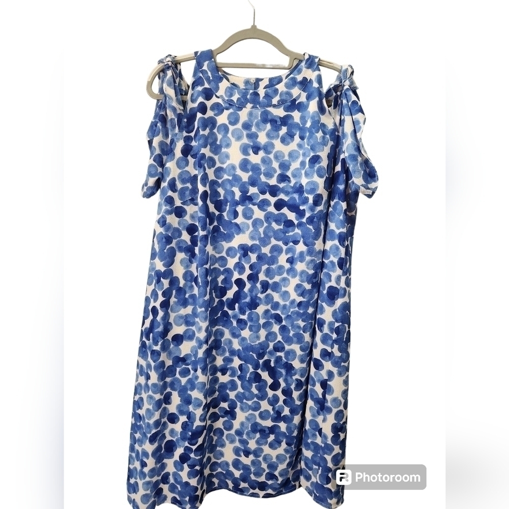 London Times 16W blue white polka dot cold shoulder A-line dress - Picture 2 of 5